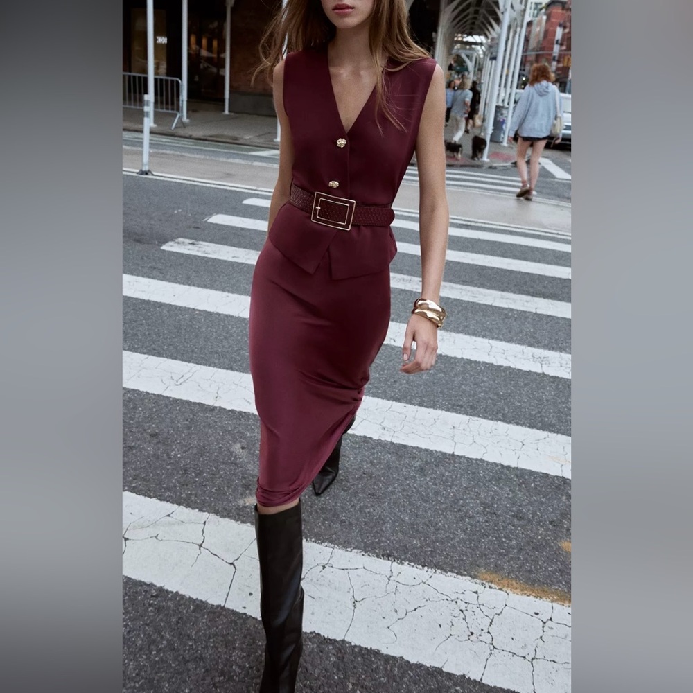 Zara Elegant Burgundy Midi Dress with Vest And Belt